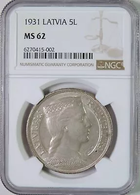 1931 Latvia Silver 5 Lati Coin NGC Graded MS62 Uncirculated • $99.99