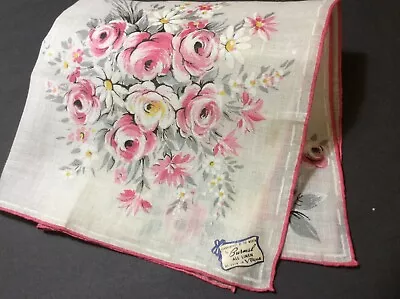 VOGUE Linen Handkerchief Of Month Vtg BURMEL Pink Cabbage Roses Rolled Bridal • $12.95