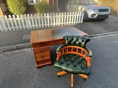 Chesterfield Parliament Green Leather Captains Chair & Large Writing Desk & Key • £795