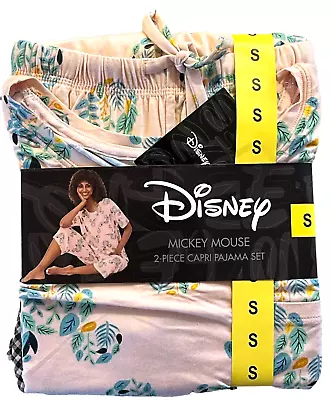Disney 2 Piece Capri Pajama Set Womens Small Pink Floral Short Sleeve Lounge • $9.99