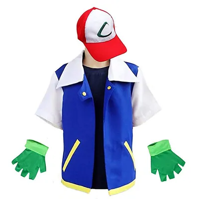 Men Adult Ash Ketchum Costume Anime Jacket Halloween Cosplay Outfit Set Clothes • £18.61