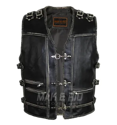 Men's Genuine Cow Leather Heavy Zipper Rocker Biker Motorcycle Waistcoat Vest S6 • $109.99