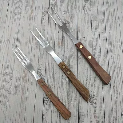 Vtg Meat Serving Granny Turning  2 & 3 Tine Stainless Wood Forks Japan USA Lot • $19.79