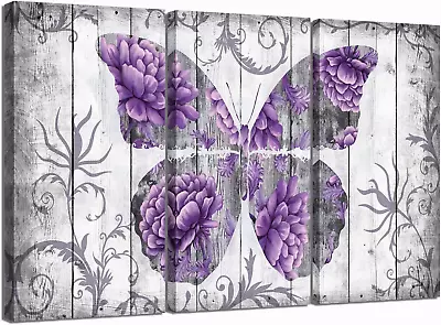 Large Size 3 Pieces Purple Butterfly Wall Art Picture Canvas Prints Modern Flowe • $102.99