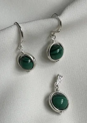 Natural Malachite Gemstone Sphere 925 Sterling Silver Pendant And Earrings SET • £26.97