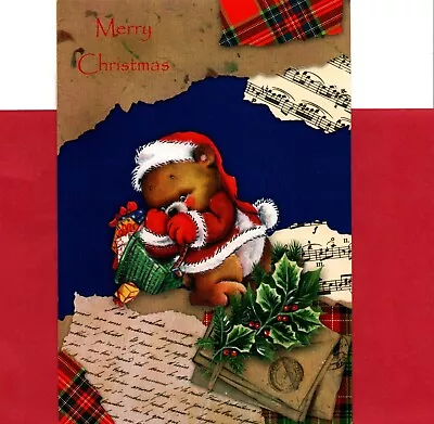 Merry Christmas Sheet Music Musical Brown Bear Santa Greeting Card • $3.99