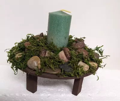 Acorns Stones & Moss  Rustic 6 X 5.5  Round Wood Riser  Moss W Green Candle New • $9.99