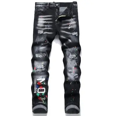 Men's Black Printed Ripped Leg Casual Pants Straight Denim Jeans Punk Trousers • $36.99