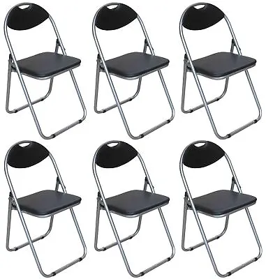 6 X Folding Chair Round Foldable Metal Chairs Space Saving Padded Seat Black • £69.95