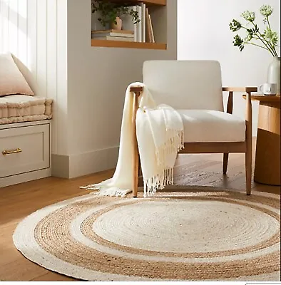 Round Rug White & Natural Jute Braided Area Floor Rug 3' 4' 5' 6' 7' 8' 10' 12' • $45