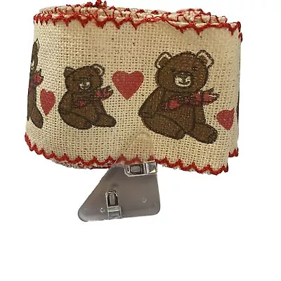 Vintage Teddy Bear Heart Print Burlap Trim Fabric Ribbon 2.5 Yards For Crafting • $12.98