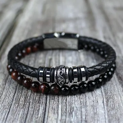 Men's Natural Gemstone Cross Leather Braided Bracelet Stainless Steel Bangle • $13.80