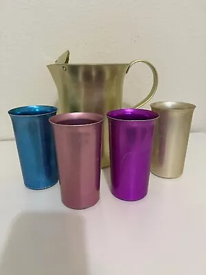 Vintage Aluminum Pitcher And Set Of 4 Sunburst Cups Tumblers • $25