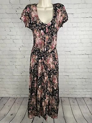 VTG Starina 80s Black Floral Short Sleeve Maxi V Neck Flowy Dress Size M Medium • $49