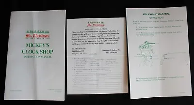 VTG 1993 Mr. CHRISTMAS MICKEY'S CLOCK SHOP PARTS-INSTRUCTION MANUAL & PAPERWORK • $7.95