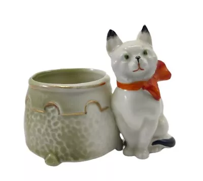 Vintage Cat With Red Bow  Porcelain Planter Figurine • $32.97