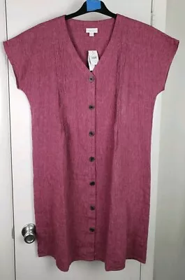 NWT J. Jill Love Linen Dress Short Sleeve Button Front Plum Beet Purple Medium • $36.50