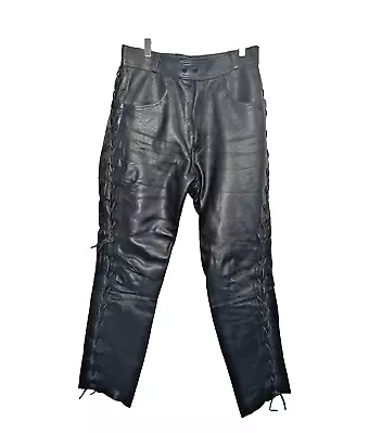 Black Leather Biker Trouser W30” L29  ECHTES LEDER Unisex Motorbike Lace Up Goth • $55.37