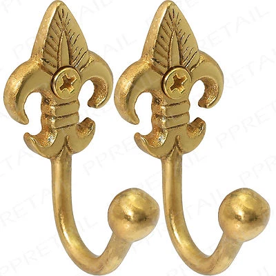 £5.16 • Buy 2 X BALL END FLEUR DE LYS TIE BACK POLISHED BRASS Metal Curtain Tassel Hook