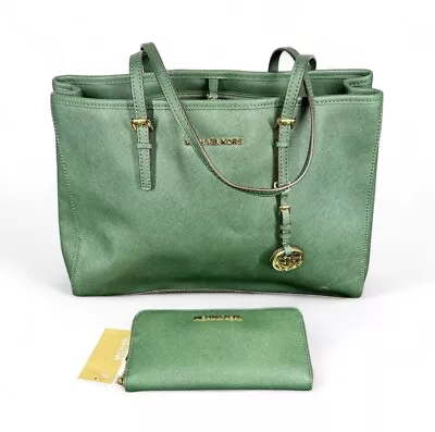 Michael Kors Jet Set Travel Malachite Green Leather Handbag Purse & Wallet NEW • $427.50