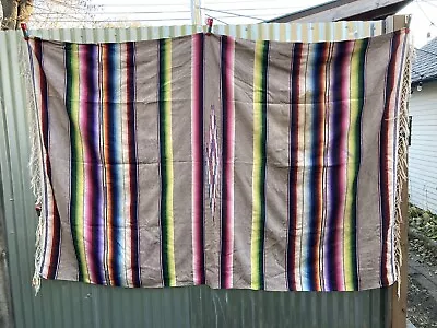 Vintage 50s? Wool & Cotton Serape Blanket Saltillo 92x61 Colorful Fringe AS IS • $55