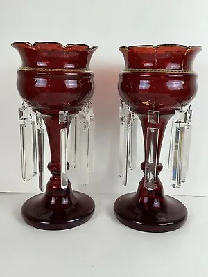 Pair Of Antique Victorian Ruby Red Glass Mantle Candle Lusters Crystal Prisms • $260