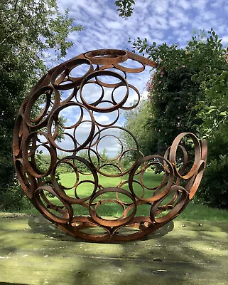 🇬🇧 Metal Rusty Garden Modern Art Decorative Open Sphere Ornament Steel Ball 🍂 • £180