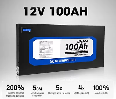 ATEMPOWER 12V 100Ah Slimline Lithium Battery LiFePO4 Deep Cycle Battery • $849