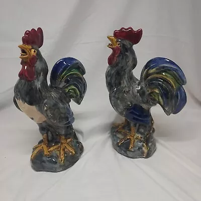 Vintage Majolica Hand-Painted Ceramic Rooster 12in | Set Of 2 • $34.99