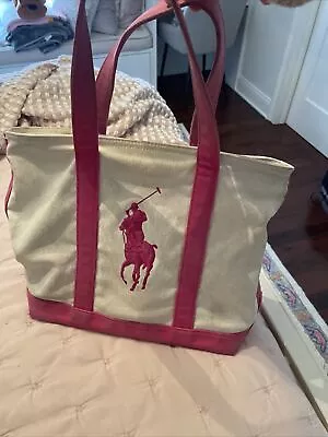 RALPH LAUREN Pink Off White  Beach Tote Bag  Logo CARRY ALL Vintage • $8