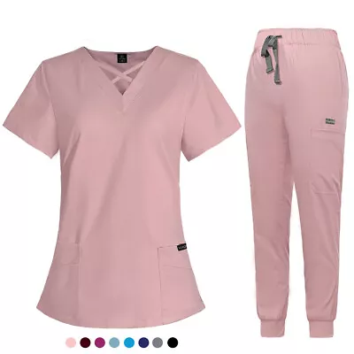 Stretch Scrubs Women Nurse Medical Uniform Lady Short Sleeve Jogger Cargo Pants • $25.99