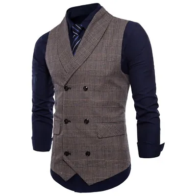 Mens Vests Double Breasted Plaids Checks Waistcoats Formal Dress Tops Vests Tops • $23.74