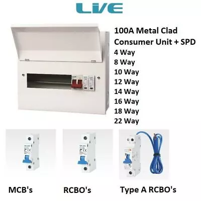 Live Electrical 100A Metal Clad Consumer Unit + SPD Choose MCB's Or 'A' RCBO's • £74.29