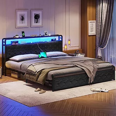 King Size LED Bed Frame With Storage Headboard Upholstered Platform Black PU Bed • $199.99