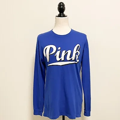 Victorias Secret PINK Royal Blue White Script Print Logo Long Sleeve T Shirt XS • $18.99