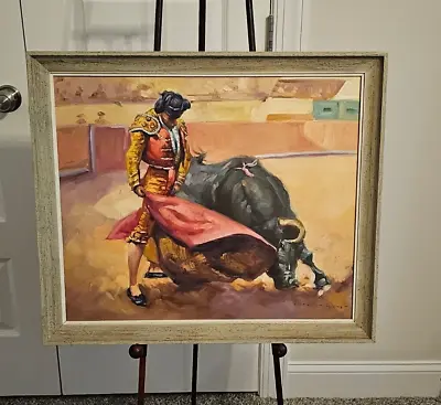 Matador Bull Fighting Painting On Canvas In Wood Frame SIGNED 22.5  X 26.5  • $175