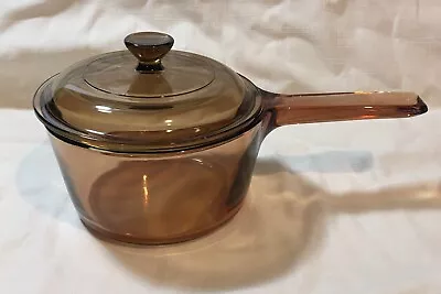 Pyrex Corning Ware Visions Amber Brown Cookware 1 L Saucepan Pot W/Lid Glass • $16.99