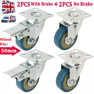 £8.99 • Buy 4x Heavy Duty 50mm Rubber Swivel Castor Wheels With Brake Furniture Trolley UK