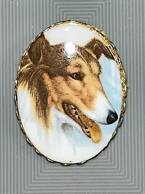 Vintage Collie Lassie Dog Oval Brooch Pendant 1.75  • $12