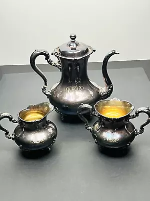 VTG Set Of 3 Teapot Creamer Sugar Meriden B Company Monogram Silver-plate 2027 • $67.99