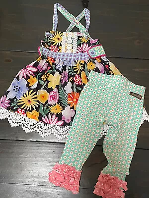 Matilda Jane Black Floral Knot Dress Nightfall Floral Ruffle Pants Size 2 12-18M • $36.99