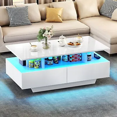 High Gloss Coffee Table Center Cocktail Table With LED Lights & Sliding Drawers • $116.99