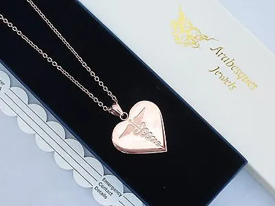 Rose Gold Heart Sos Necklace/pendant Stainless Steel Medical Info Alert Talisman • £25.99