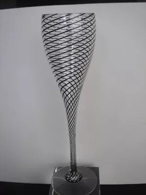Steven Maslach Studio Art Glass Champagne Flute Glass Black Spiral Design 10 In. • $59.95