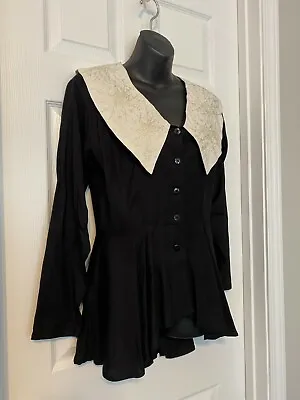 Passports Of Pier 1 Imports Black Long Sleeve Top W/ Ivory Trimmed Collar Sz S • $25