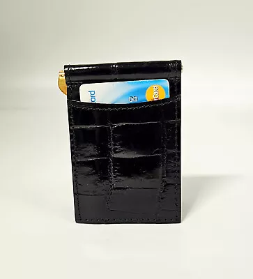 Black Shiny Genuine Alligator Brass Clip Card Case Wallet MADE IN THE USA • $26.95