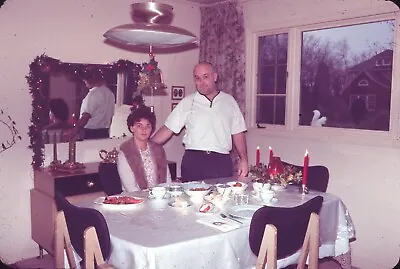 1965 Husband Wife Set Dinner Table Christmas Vintage 60s 35mm Color Slide • $7