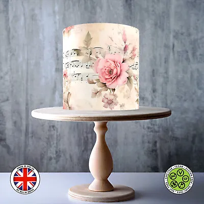 Shabby Chic Floral Musical Notes Wrap Around Edible Cake Topper ICING/WAFER • £7.79