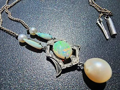 Antique Victorian Teardrop Opal Pearl Negligee Necklace Bayonette Tube Clasp • $102.50