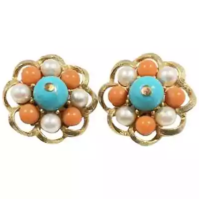 Scalloped Blue Peach Cream Beaded Imitation Pearls Goldtone  Clip On Earrings • $24